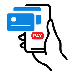 Mobile banking app and e-payment icon. Hand with smartphone and pay by credit card, illustration