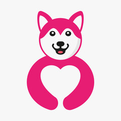 Husky Love Logo Negative Space Concept Vector Template. Husky Holding Heart Symbol