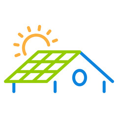 Home solar energy flat logo. Solar panel and sun, illustration