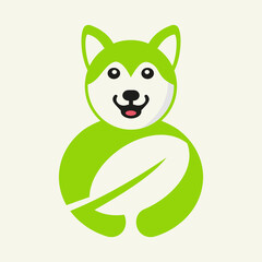 Husky Eco Logo Negative Space Concept Vector Template. Husky Holding Leaf Symbol