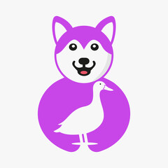 Husky Duck Logo Negative Space Concept Vector Template. Husky Holding Duck Symbol