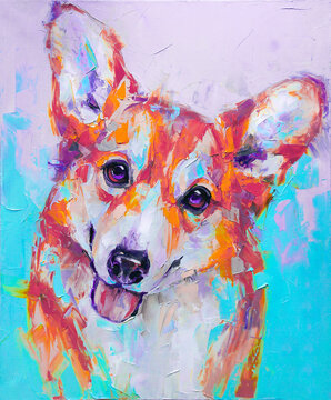 Oil dogs portrait painting in multicolored tones. Conceptual abstract painting of a welsh corgi pembroke muzzle. © Mari Dein