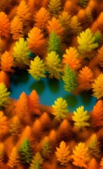 Drawing of an autumn forest in isometry. Top view.