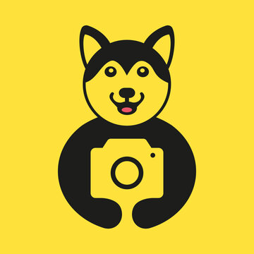 Husky Camera Logo Negative Space Concept Vector Template. Husky Holding Camera Symbol