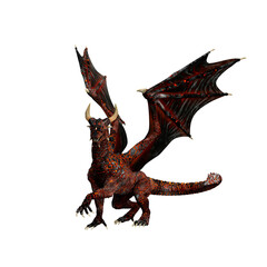 3D rendering of a mythical red skinned dragon walking with wings raised isolated on a transparent background.
