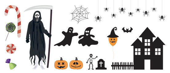 The character halloween icons, collections property on white background day and party concept. Black silhouettes and colorful. Ghost grim reaper bat spider house balloon hat spider web candy pumpkins.