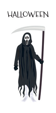 Halloween poster. Masked grim reaper with a scary face waiting with his scythe in hand. Halloween cartoon style, character halloween icons abstract background. Vector illustration. 