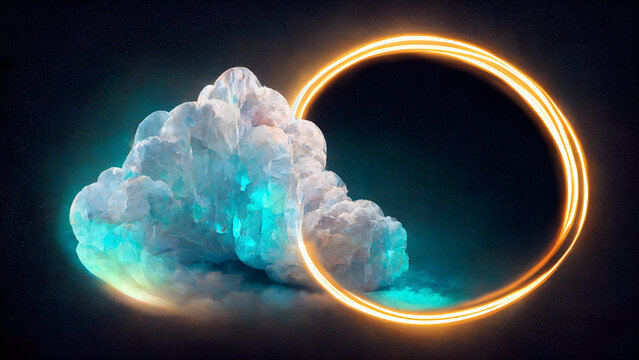 Cloud and a golden ring shapes glowing in the darkness - a hyper-realistic digital art