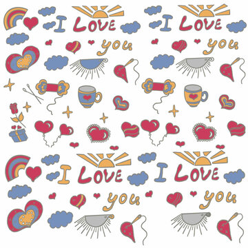 seamless pattern with birds and hearts valentine's day,hearts,gifts,knitting,cup with the image of a heart,doodles,hedgehog,clouds,sun,heart-shaped box,darning heart needle,balloons hearts,gifts,invit
