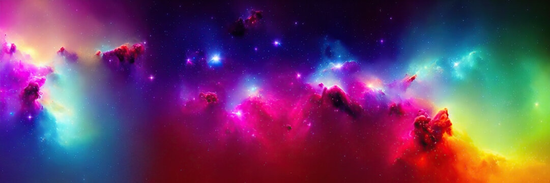 Cosmic panoramic background. Outer space. Digital colorful illustration.