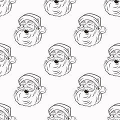 Vector Seamless Pattern with Cute Funny Smiling Santa Claus Head. Design Template for Holiday Merry Christmas, Happy New Year Greeting Cards, Banners, Textile, Wallpapers, Fabrics, Packaging, Wrapping