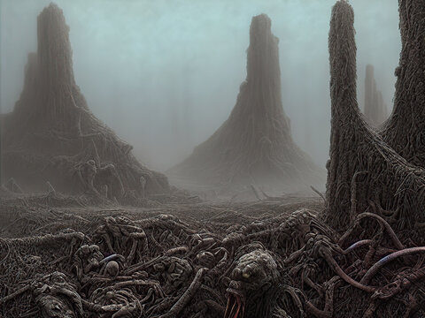 Bleak dystopian landscape. Surreal background. Digital illustration.