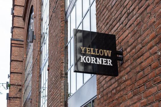 Oslo, Norway - October 15, 2022: A YellowKorner gallery projecting sign on the building. YellowKorner is a leading art photography maison headquartered in France. 