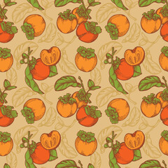 Pattern disegnato a mano di cachi autunnali con foglie