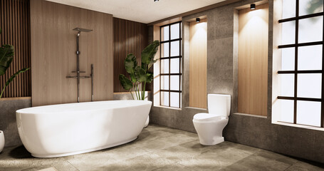 Fototapeta na wymiar The Bath and toilet on bathroom japanese wabi sabi style .3D rendering