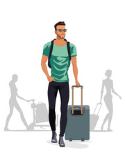 Handsome man walking with carry on luggage vector illustration and other people silhouettes on background