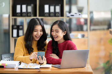 Portrait of businesswoman two people working with computer device in the office room.