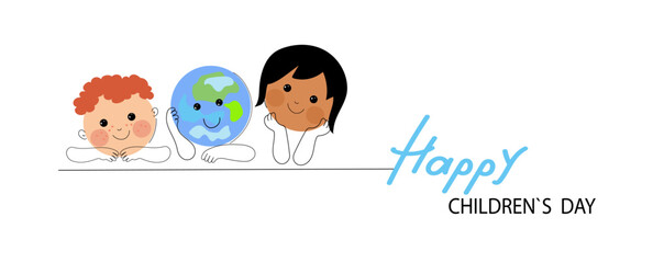 Social media horizontal banner template for World children's day. Funny planet character with happy baby boy , asian baby girl. Vector flat cartoon doodle banner. 