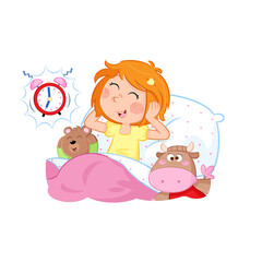 Wake up little girl - Daily routine - Good morning - Lovelly little girl and her toys - Illustration - png file	
