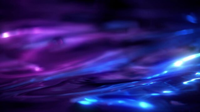 Futuristic abstract plasma wave loop background. Purple blue science and technology copy space and showcase element backdrop. 3D animation of fluid molten shape of liquid shiny water surface.