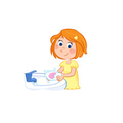 Hygiene - Daily routine of a little girl with ginger hair - Washing hands_Isolated illustration	
