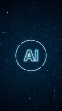 Motion graphic of Blue digital AI logo and futuristic technology circle HUD with circuit board and data transfer on abstract background vertical video concept