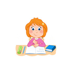 Kids and daily routine - School time - Cute little girl with ginger hair learning letters - Illustration - png file