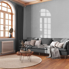Wooden retro living room in white and gray tones. Fabric sofa, parquet, decors and wall mockup. Farmhouse interior design