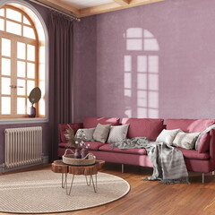 Wooden retro living room in white and red tones. Fabric sofa, parquet, decors and wall mockup. Farmhouse interior design