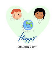 Social media horizontal banner template for World children's day. Funny planet character with happy baby boy , asian baby girl. Vector flat cartoon doodle banner. 