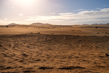 Sunrise view of Corralejo sand dunes at Fuerteventura, Canary islands, Spain.