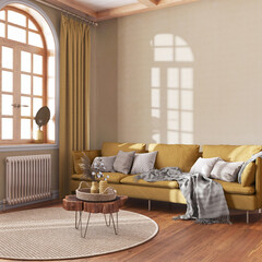 Wooden retro living room in white and yellow tones. Fabric sofa, parquet, decors and wall mockup. Farmhouse interior design © ArchiVIZ