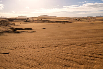 Sunrise view of Corralejo sand dunes at Fuerteventura, Canary islands, Spain.