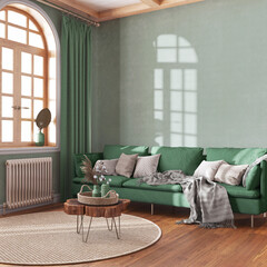 Wooden retro living room in white and green tones. Fabric sofa, parquet, decors and wall mockup. Farmhouse interior design