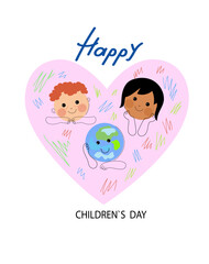 Social media horizontal banner template for World children's day. Funny planet character with happy baby boy , asian baby girl. Vector flat cartoon doodle banner.