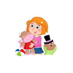Kids and daily routine - Lovely little girl playing with her toys - Isolated illustration - png file