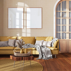 Classic vintage living room in white and yellow tones. Fabric sofa, parquet and frame mockup. Farmhouse interior design