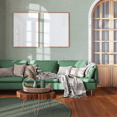 Classic vintage living room in white and yellow tones. Fabric sofa, parquet and frame mockup. Farmhouse interior design