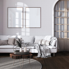 Classic vintage living room in white and dark tones. Fabric sofa, parquet and frame mockup. Farmhouse interior design