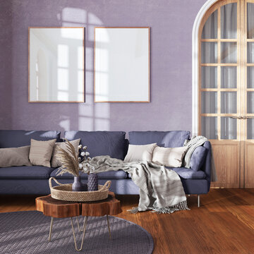Classic vintage living room in white and violet tones. Fabric sofa, parquet and frame mockup. Farmhouse interior design