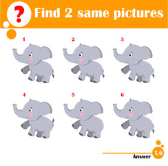 Children educational game. Find two same pictures of cute elephant