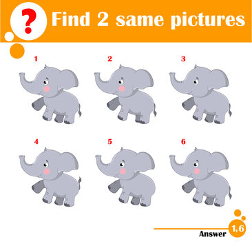 Children educational game. Find two same pictures of cute elephant