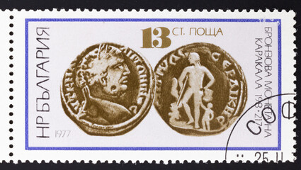 Postage stamp 'Bronze coin of Emperor Caracalla' printed in Bulgaria. Series: 'Old Coins', 197