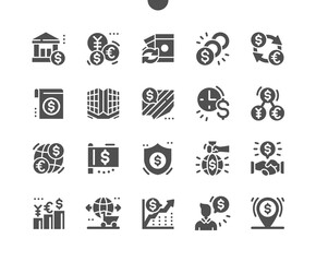 International Monetary Fund. Bank. Currency exchange. Financial deal. World currency. Vector Solid Icons. Simple Pictogram