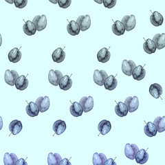 Watercolor, vintage, seamless pattern -  plum. Sprig plums with leaves, hand drawing, watercolor. Plum Branch on  isolated background. Element for design. seamless pattern of watercolor plums