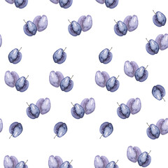 Watercolor, vintage, seamless pattern -  plum. Sprig plums with leaves, hand drawing, watercolor. Plum Branch on  isolated background. Element for design. seamless pattern of watercolor plums