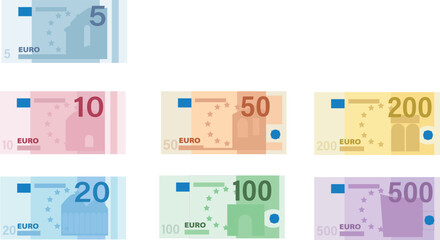 All euro banknotes  5, 10, 20, 50, 100, 200 and 500, euros bills.
Euro currency banknotes. Big stack of money. Simple, flat style. Graphic vector illustration. European paper money backdrop with. - obrazy, fototapety, plakaty