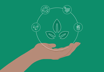 Hand and a plant. Sustainable, recycling. Environmental protection icon isolated on green background. Seed and seedling Planting sapling. Ecology concept. Eco friendly clean energy collection with