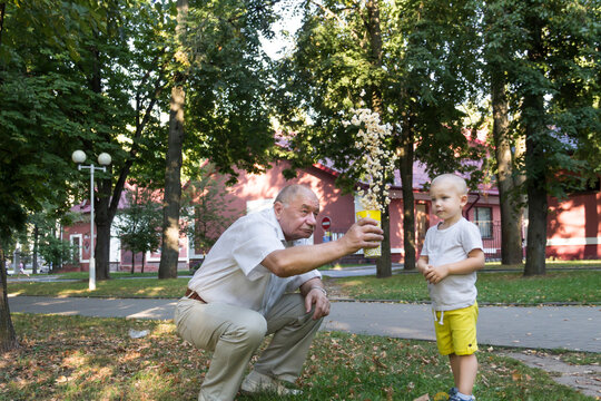 A little grandson in yellow shorts and a balding grandfather cheerfully toss popcorn high up in the air. A boy and an elderly man are relaxing in the park...