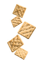 Flying group of dry crackers isolated on white background with shadow